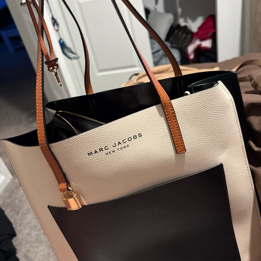 Marc Jacobs Black and Cream Structured Tote with Gold Hardware
